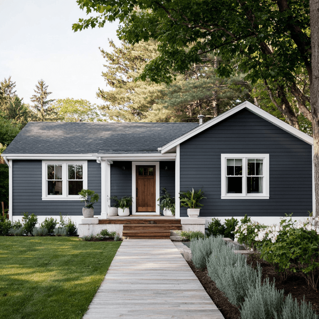 Maison unifamiliale moderne avec revêtement extérieur gris foncé, porte en bois, allée en bois et aménagement paysager verdoyant avec arbres et plantes