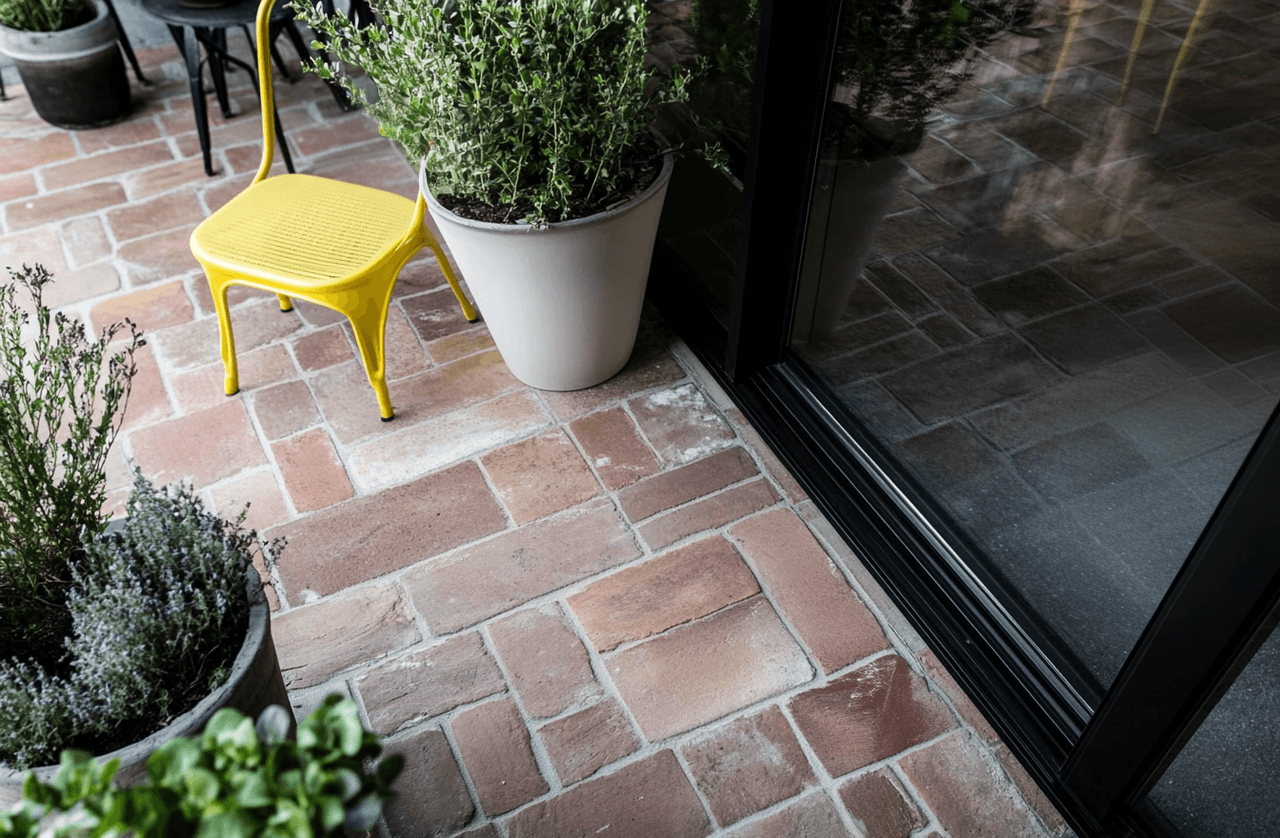 Terrasse extérieure en tuiles de terre cuite avec plantes en pot, chaise jaune et porte patio noire vitrée.