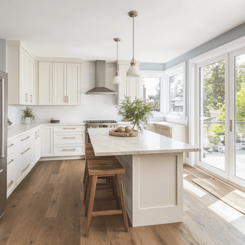 Cuisine moderne lumineuse avec îlot central en marbre, armoires blanches, plancher en bois et grandes fenêtres