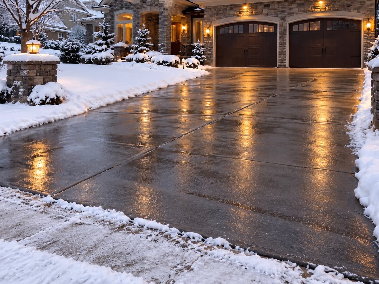 Entrée de garage résidentielle en béton gris, entièrement déneigée et humide, bordée de neige et d'arbustes enneigés devant une maison haut de gamme avec façade en pierre, éclairage extérieur et portes de garage doubles.