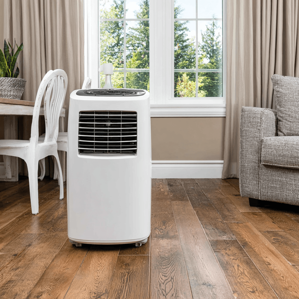 Femme détendue sur un canapé utilisant une télécommande pour climatiser une pièce avec un climatiseur mural moderne