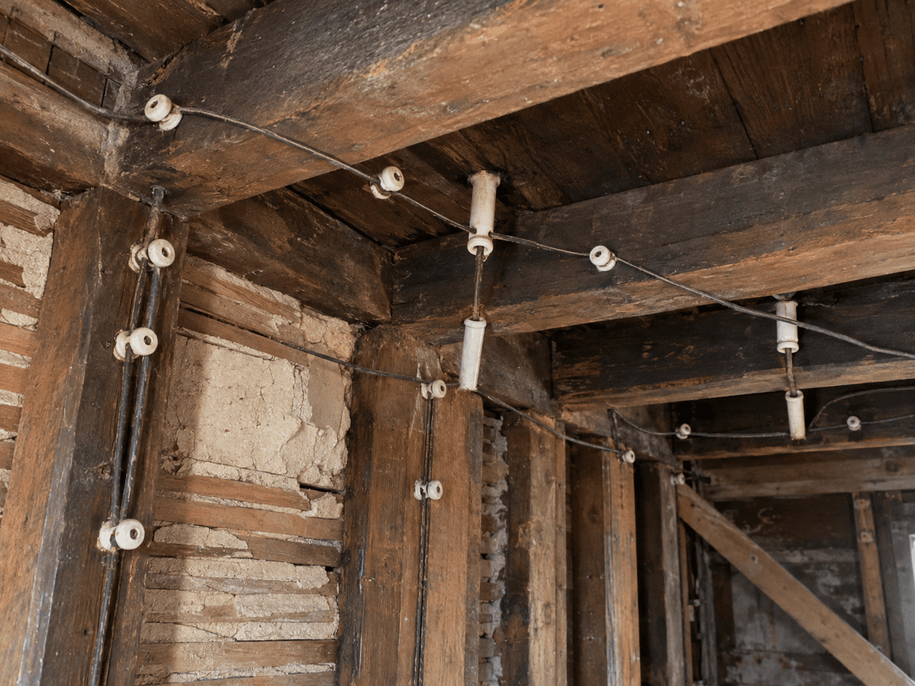 Ancienne installation électrique avec fils apparents et isolateurs en porcelaine fixés sur une charpente en bois dans une maison en rénovation