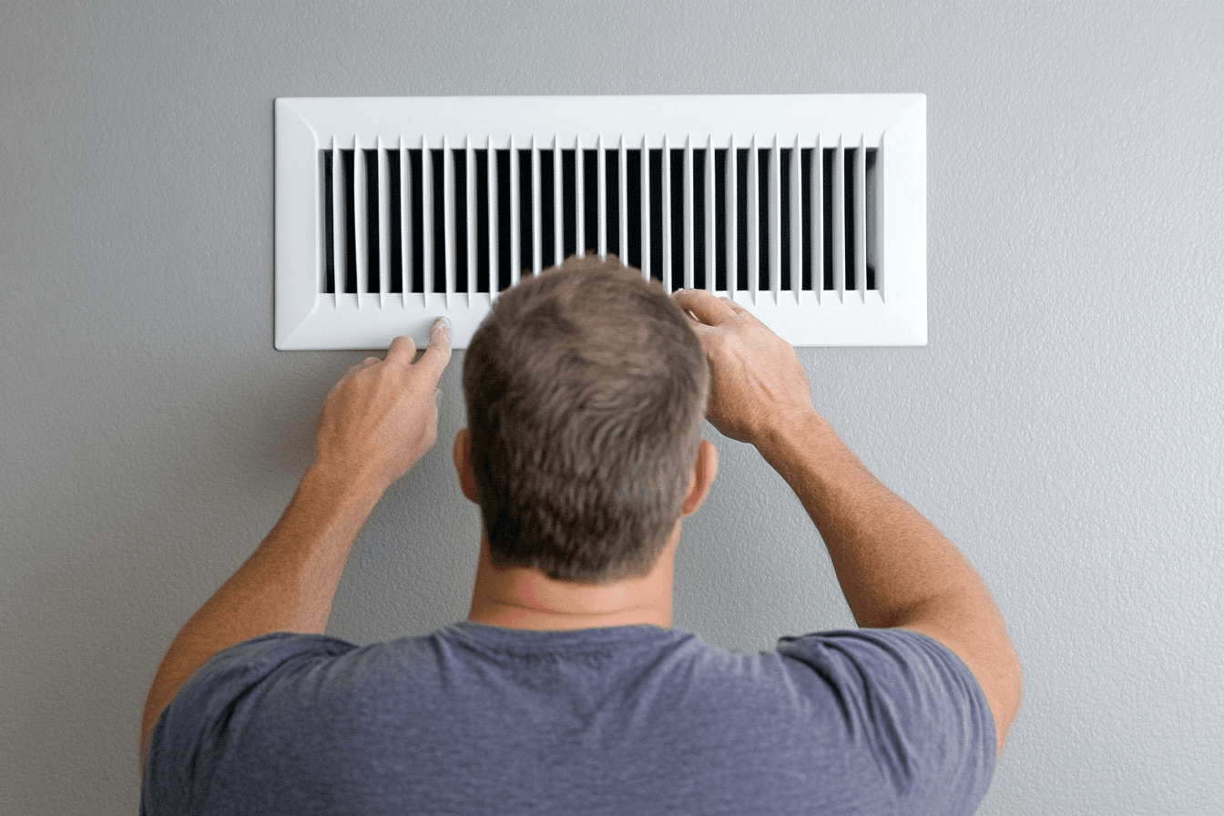 Homme ajustant une grille de ventilation murale blanche sur un mur gris à l'intérieur d'une maison