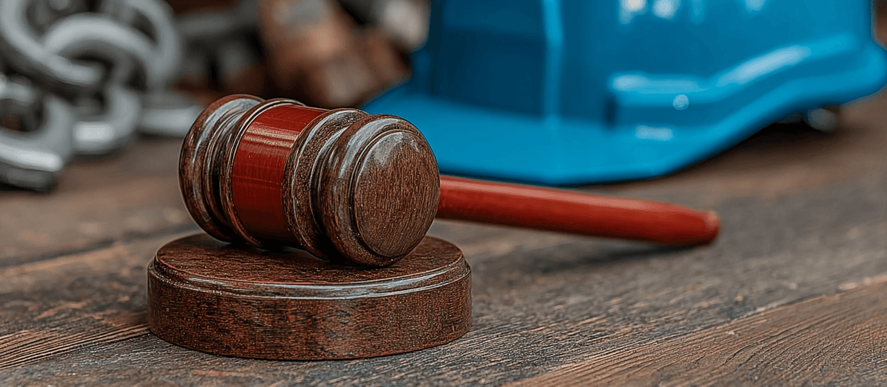 Maillet de juge en bois posé sur une table devant un casque de chantier bleu, symbolisant la justice dans le secteur de la construction.