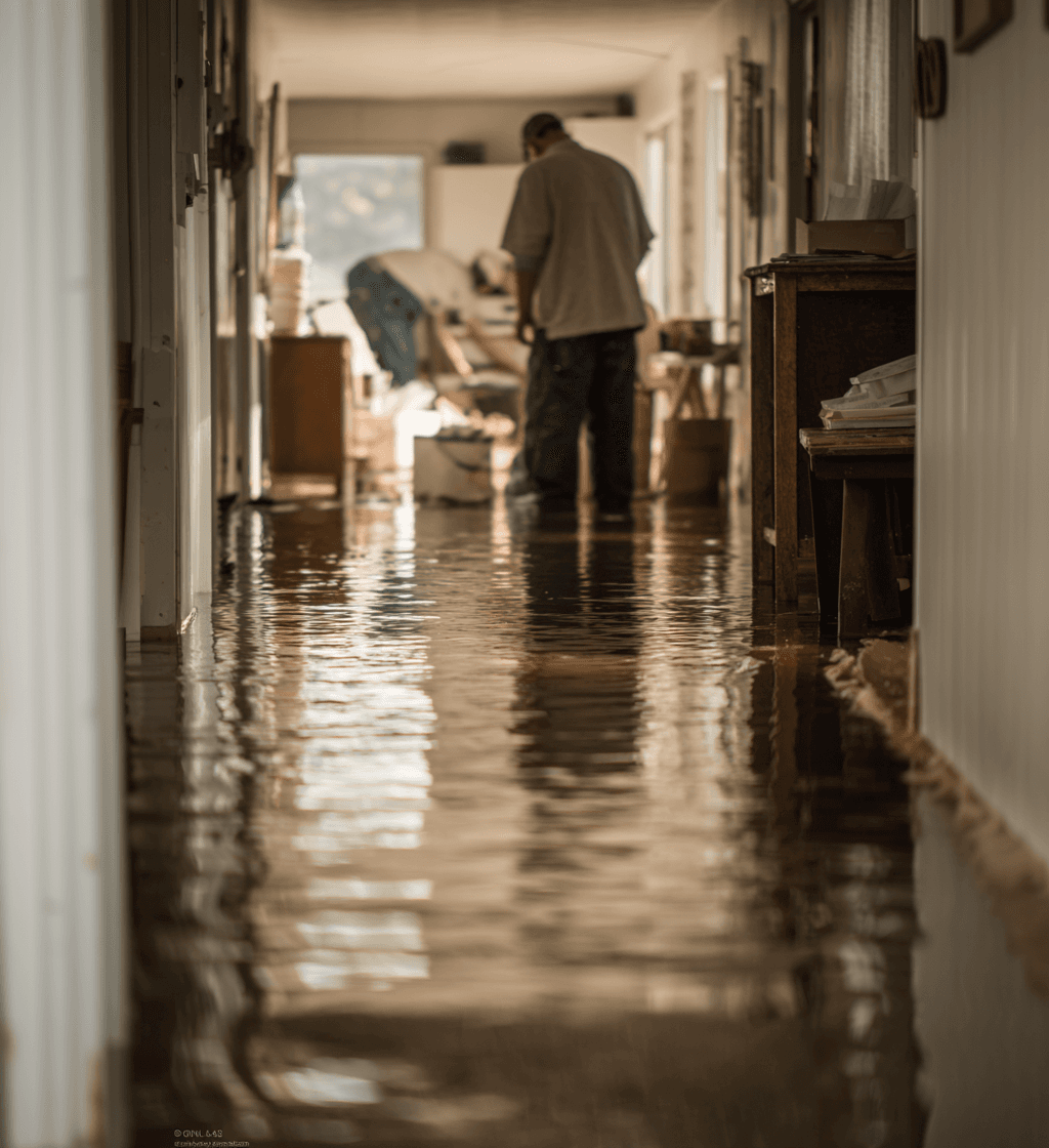 Intérieur de maison inondée avec eau au sol, meubles déplacés et personne inspectant les dommages dans un couloir.