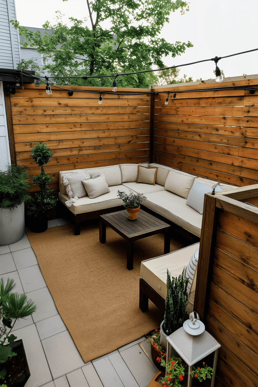 coin terrasse extérieur avec banquette en L coussins beiges clôture en bois éclairage guirlande ambiance chaleureuse