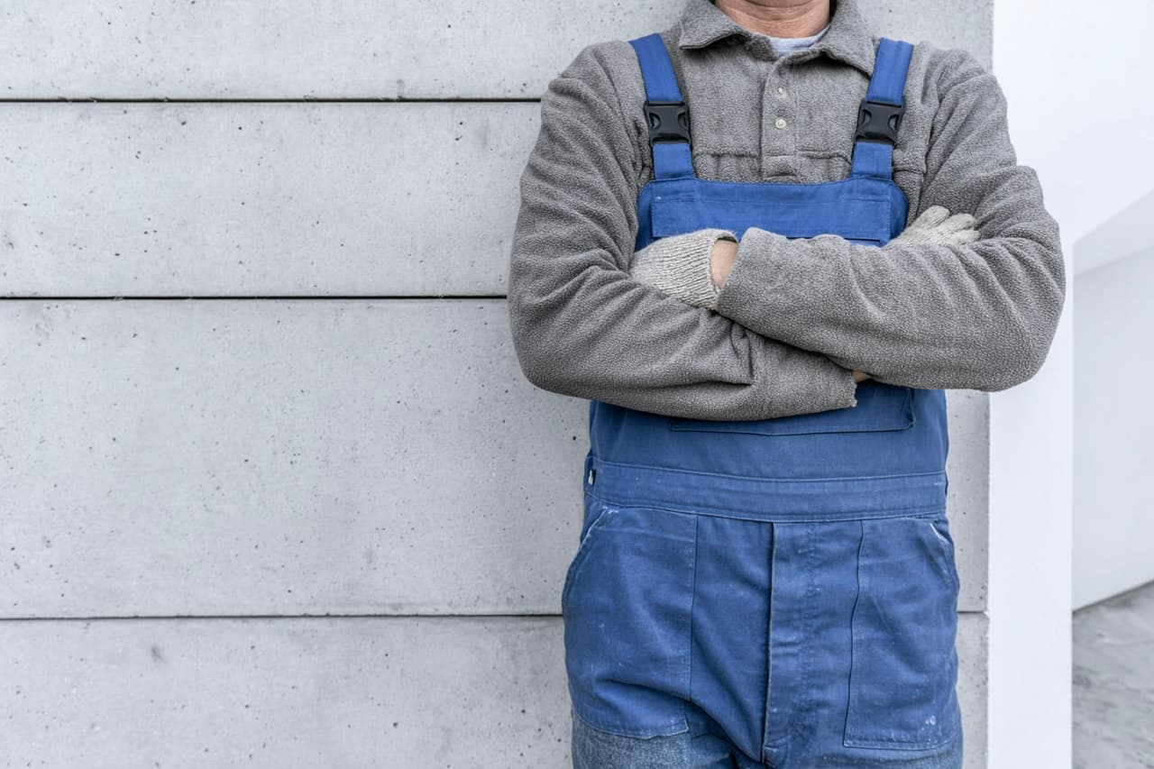 Travailleur en salopette bleue et gants croisant les bras devant un mur de béton gris.
