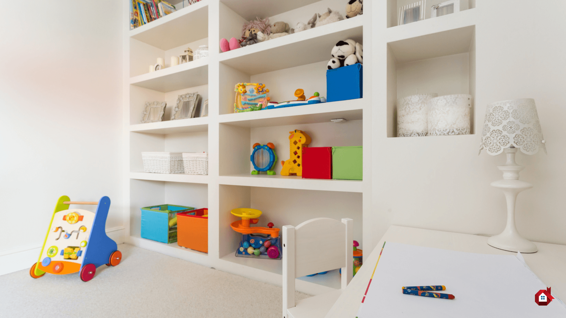 Coin jeux d'enfant avec étagères blanches, jouets colorés et un bureau