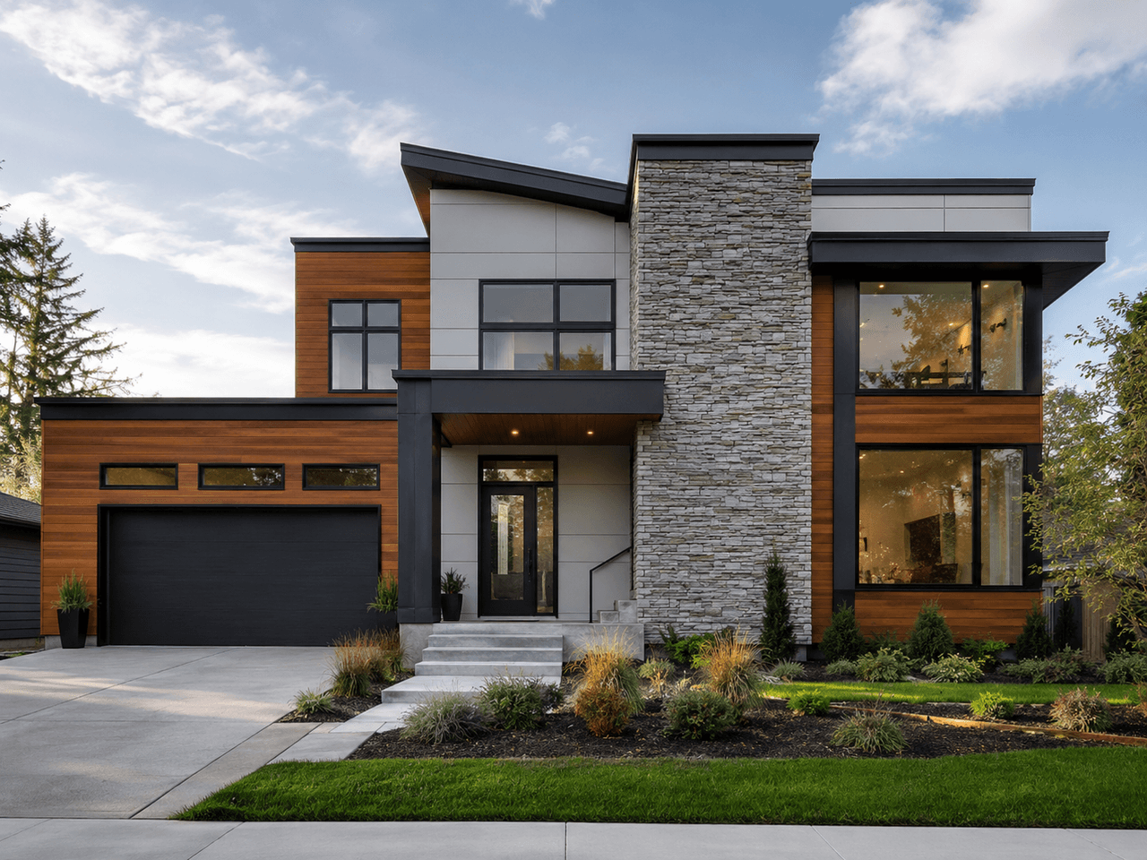 Maison contemporaine haut de gamme avec façade en bois, pierre naturelle et panneaux gris, grandes fenêtres noires, garage intégré et aménagement paysager moderne