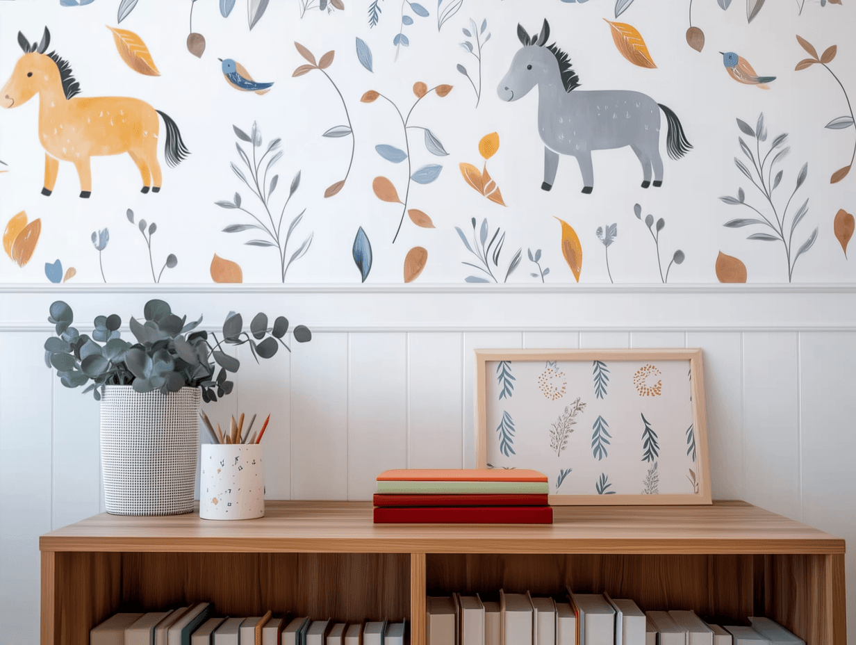 Espace décoratif pour enfants avec papier peint coloré à motifs de chevaux et d'oiseaux, bureau en bois et accessoires ludiques.