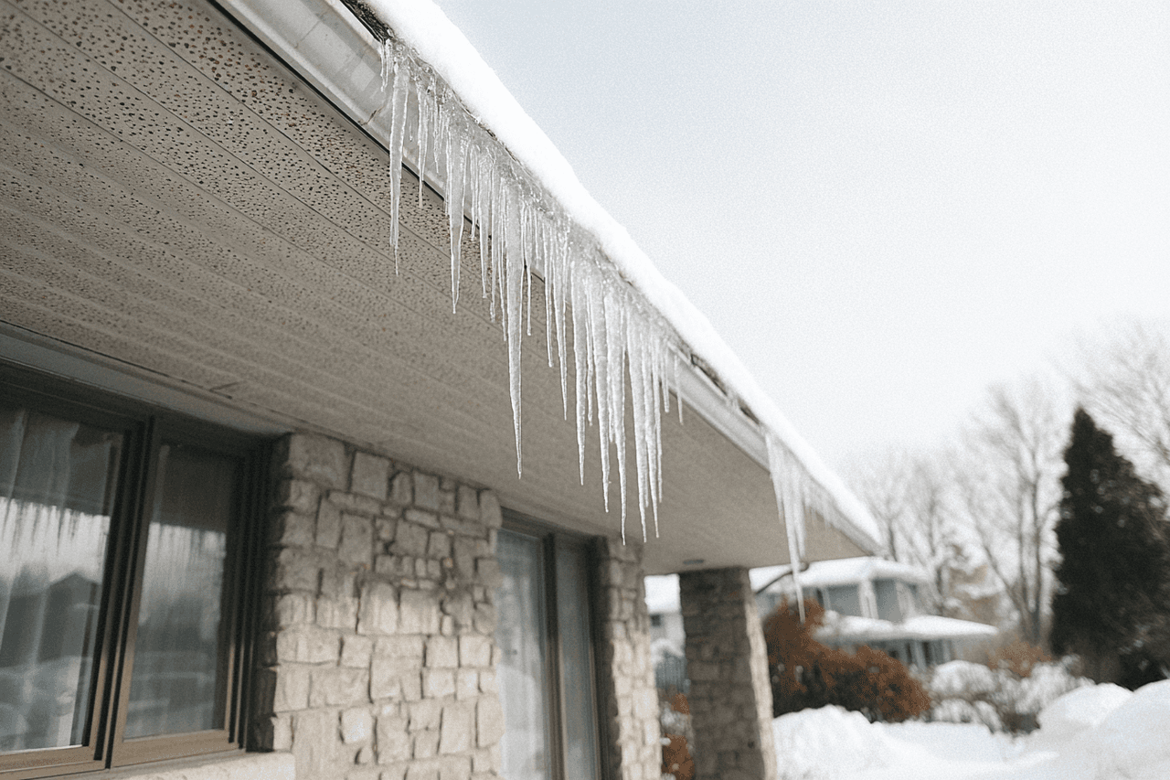 Glaçons suspendus à une toiture enneigée avec gouttières sur maison en pierre durant l’hiver