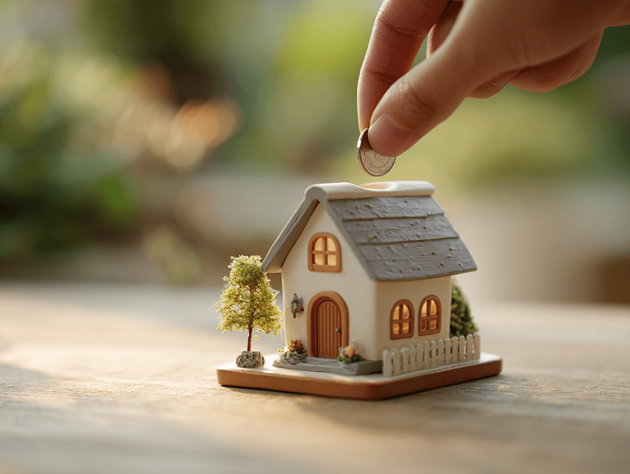 Main insérant une pièce dans une maison tirelire miniature symbolisant l’épargne pour l’habitation et l’investissement immobilier