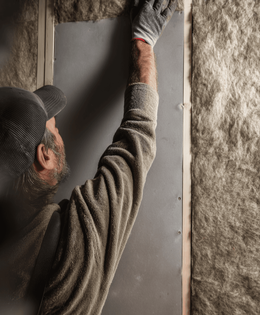 Travailleur installant une feuille de gypse sur un mur isolé avec laine minérale apparente.