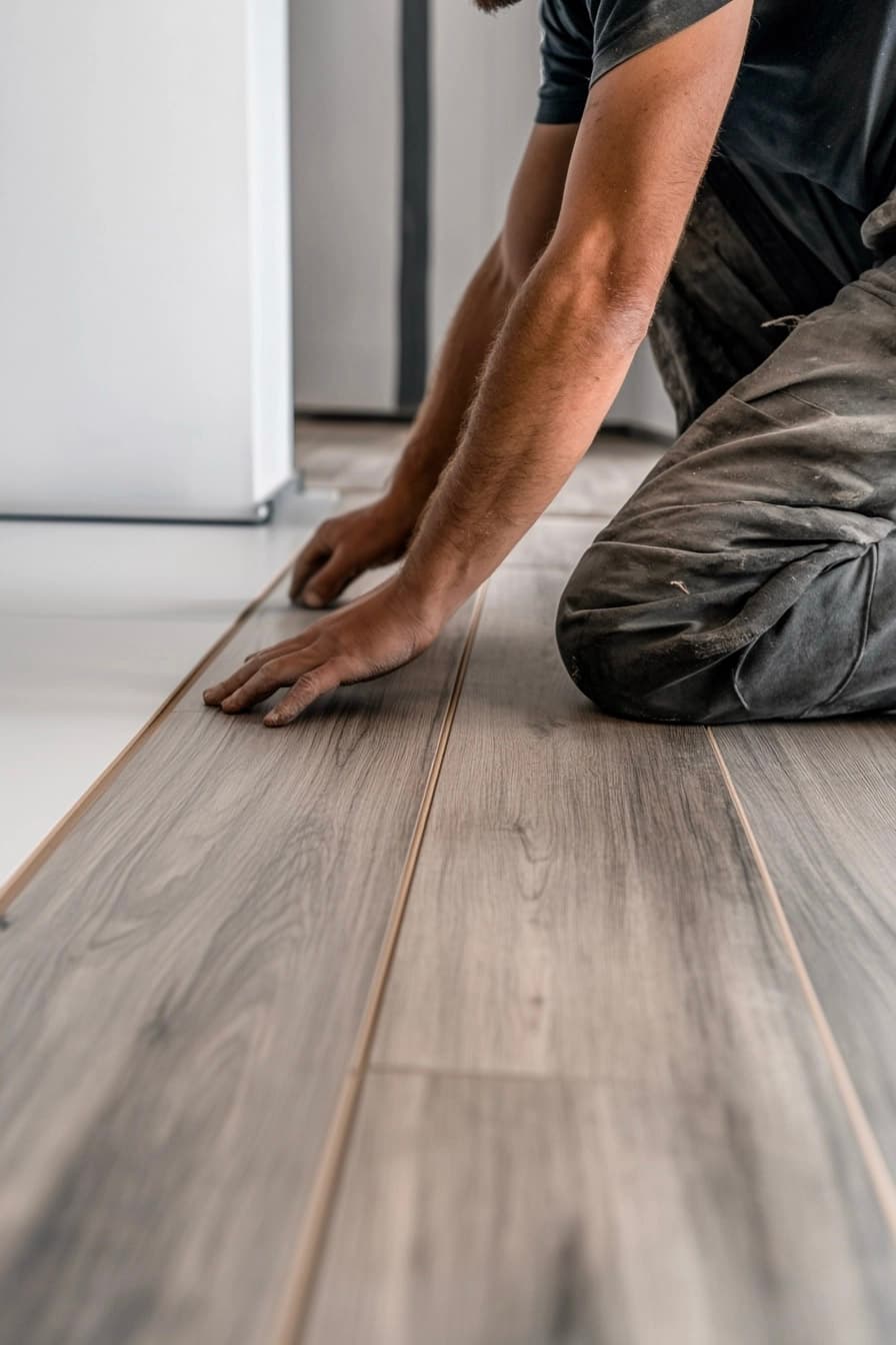Installation de plancher flottant imitation bois par un ouvrier en intérieur résidentiel