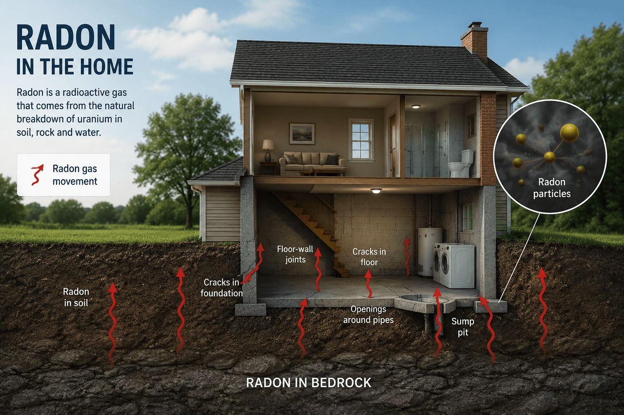 Schéma en coupe d’une maison illustrant l’infiltration du radon depuis le sol et la roche-mère par les fissures de fondation, les joints, les ouvertures autour des tuyaux et le puisard.