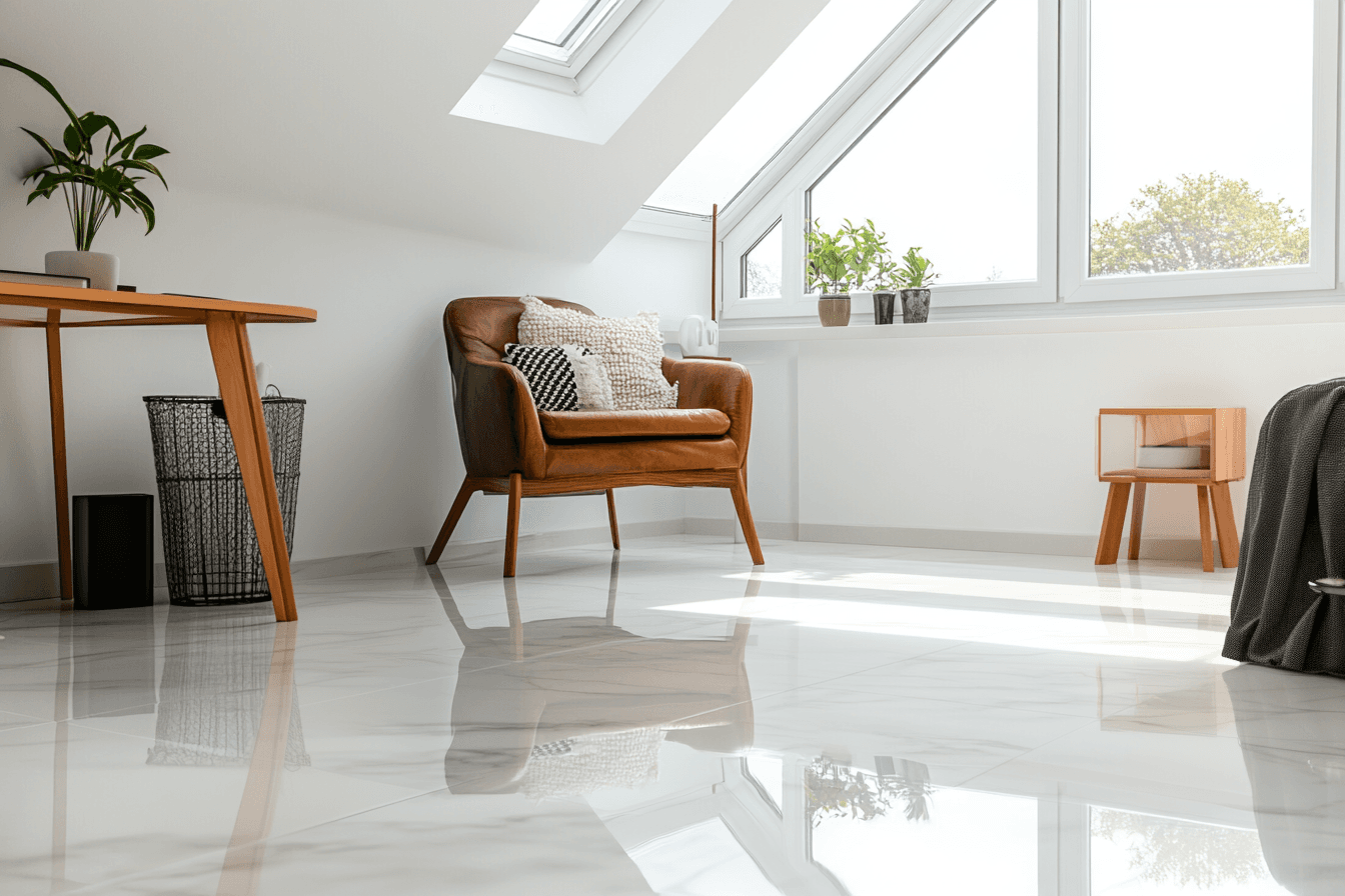 Espace lumineux avec sol en céramique blanche, fauteuil en cuir, grandes fenêtres en pente et décoration minimaliste naturelle.