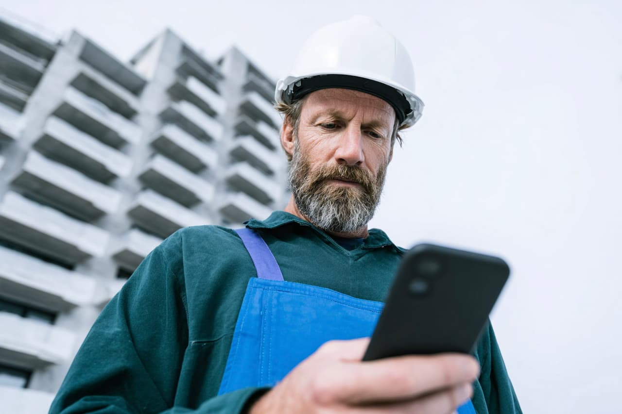 Ouvrier de chantier en casque blanc consultant son téléphone devant un immeuble en construction