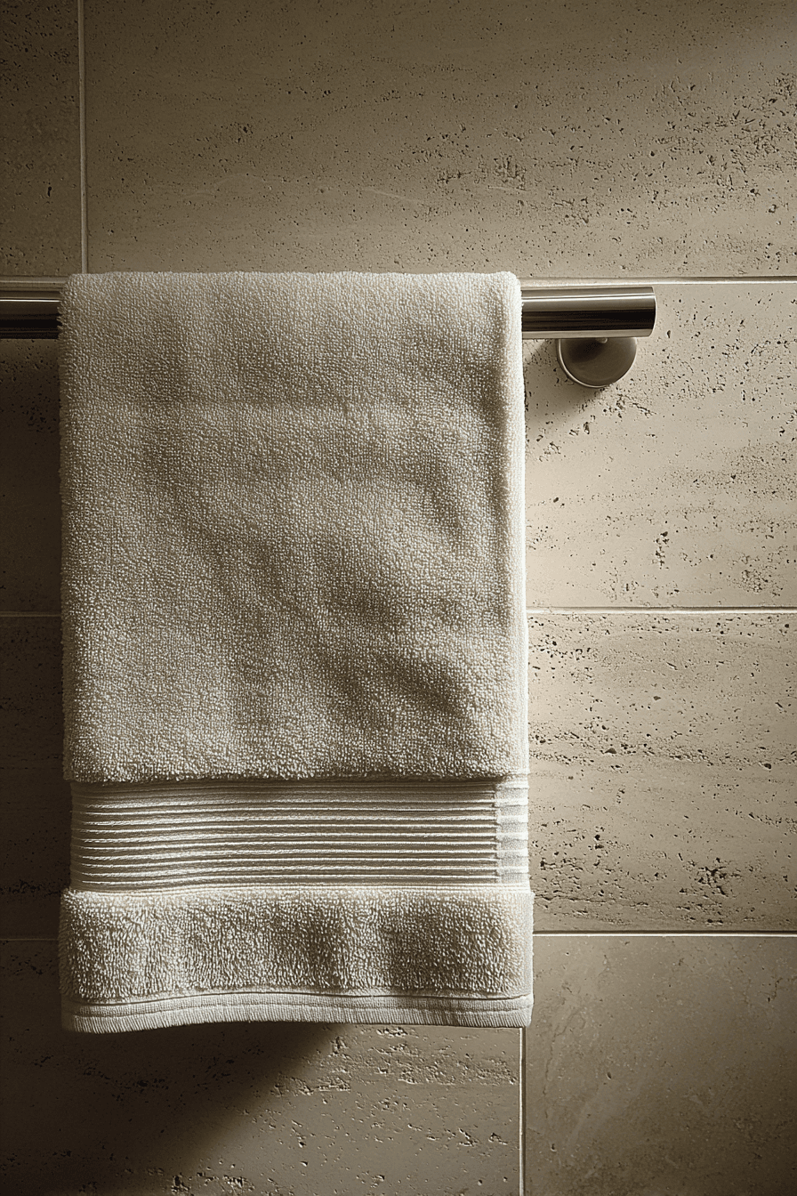 Serviette blanche suspendue sur un porte-serviette métallique devant un mur de salle de bain en tuiles beiges texturées.