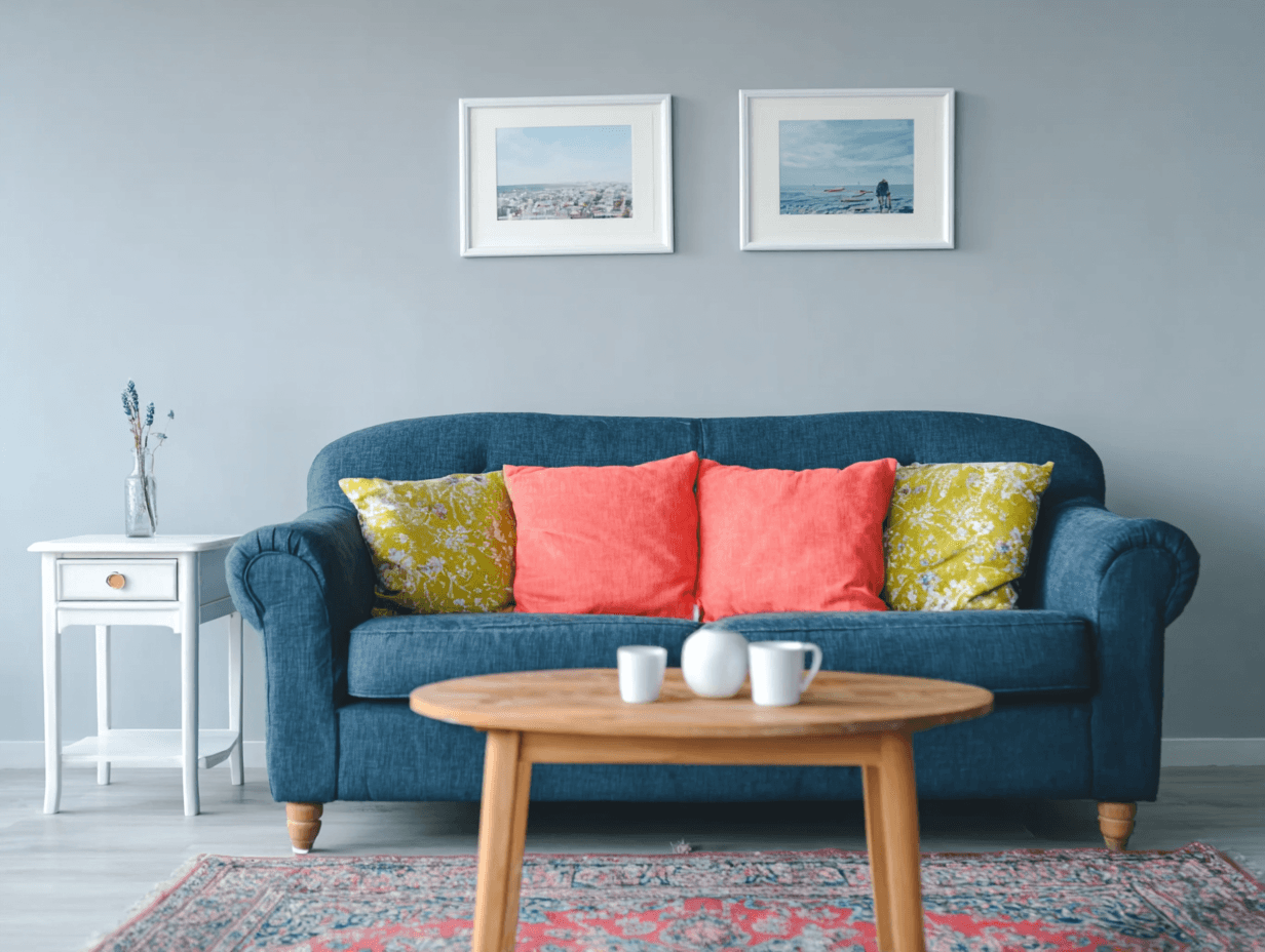 Salon lumineux avec canapé bleu, coussins colorés, table ronde en bois, tapis persan et décor mural minimaliste