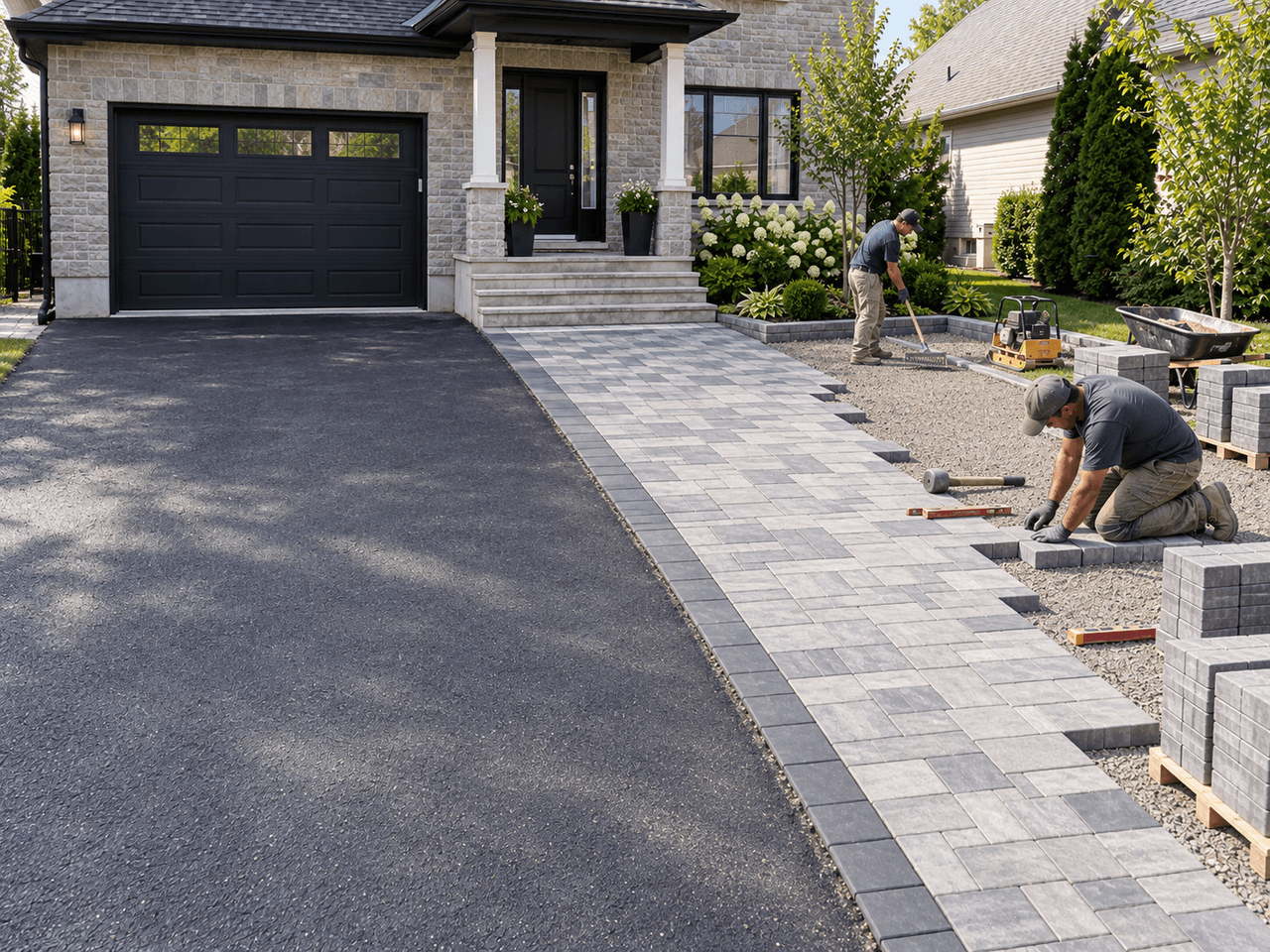 Travailleurs installant des pavés unis gris devant une maison résidentielle avec entrée asphaltée, garage, aménagement paysager et base de gravier en préparation