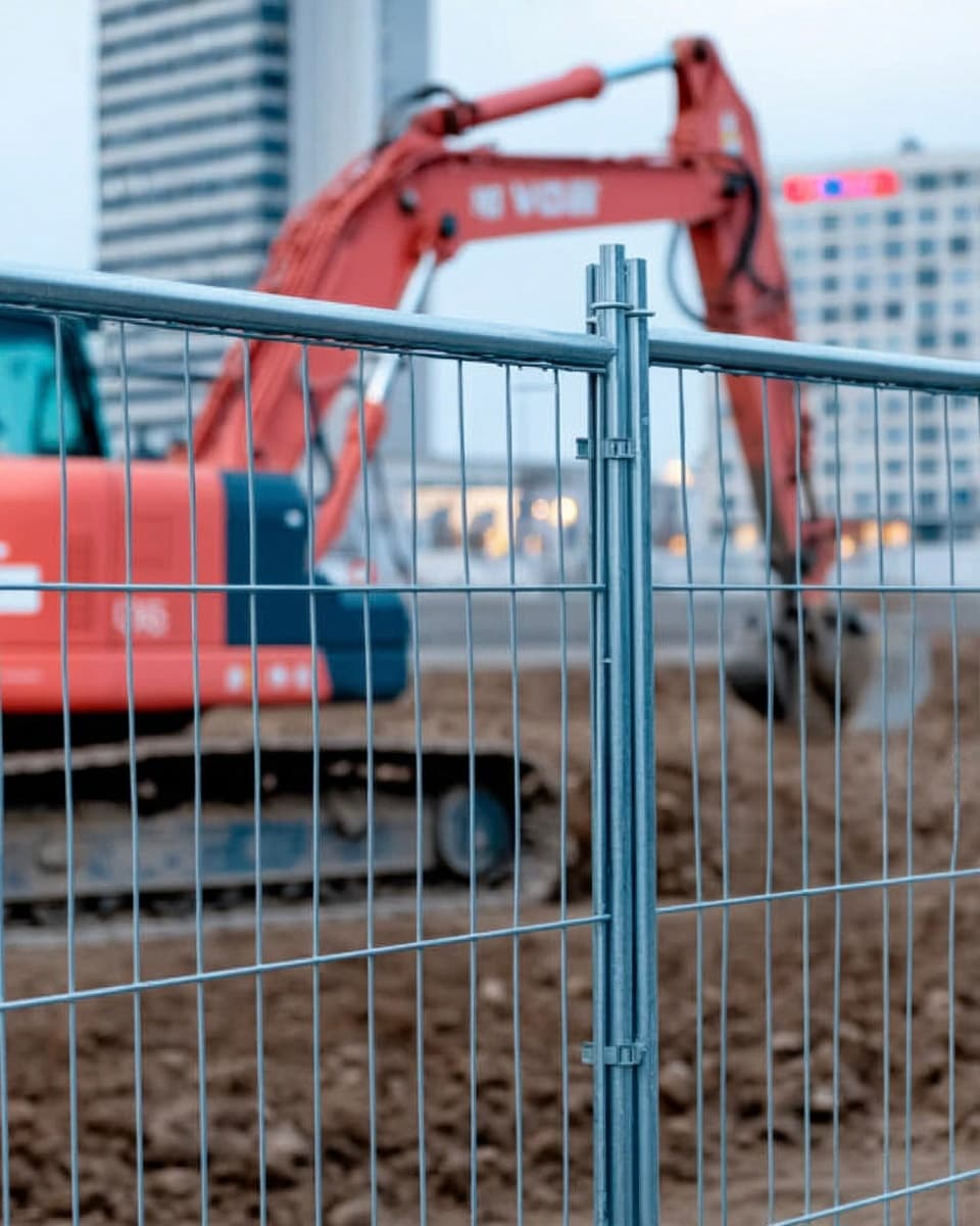 Clôture métallique de chantier au premier plan avec pelle mécanique orange en arrière-plan sur site de construction urbain.