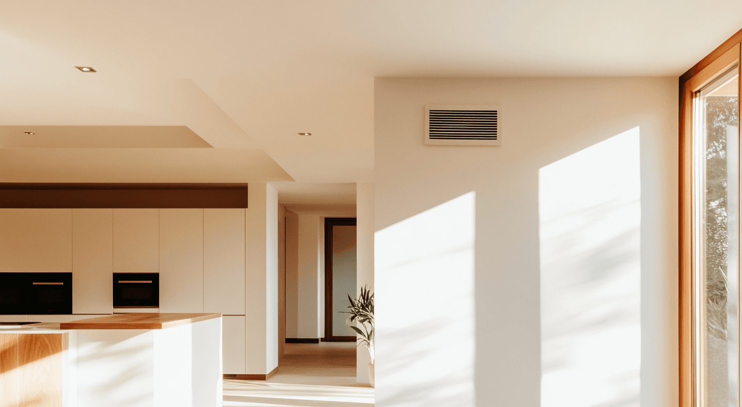 Intérieur moderne avec lumière naturelle et système de ventilation murale d'une thermopompe gainable
