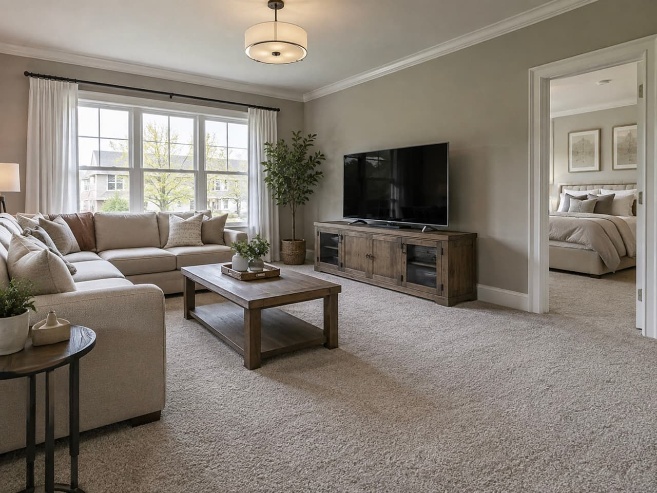 Salon lumineux au style contemporain avec grand canapé sectionnel beige, meuble télé en bois, table basse rustique, tapis clair et grandes fenêtres donnant sur le quartier résidentiel.