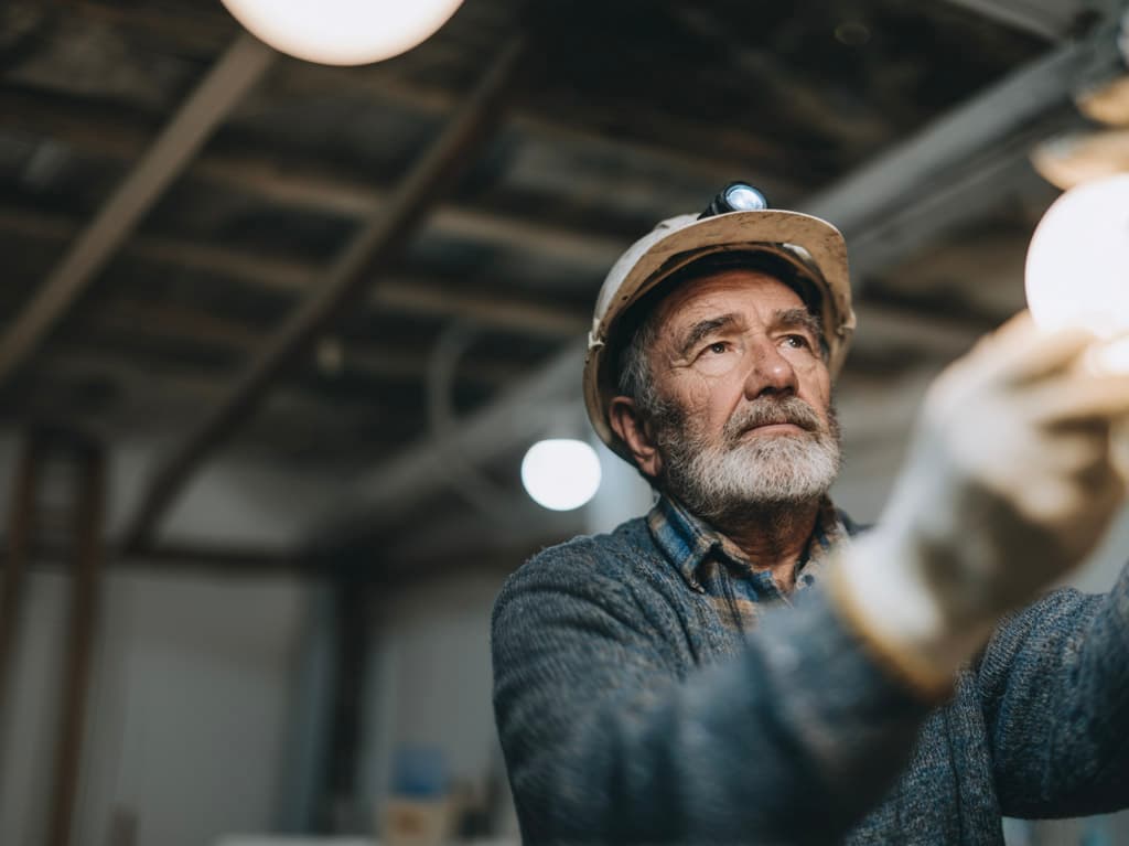 Électricien senior portant un casque de sécurité et des gants en train d’installer une ampoule dans un bâtiment en rénovation