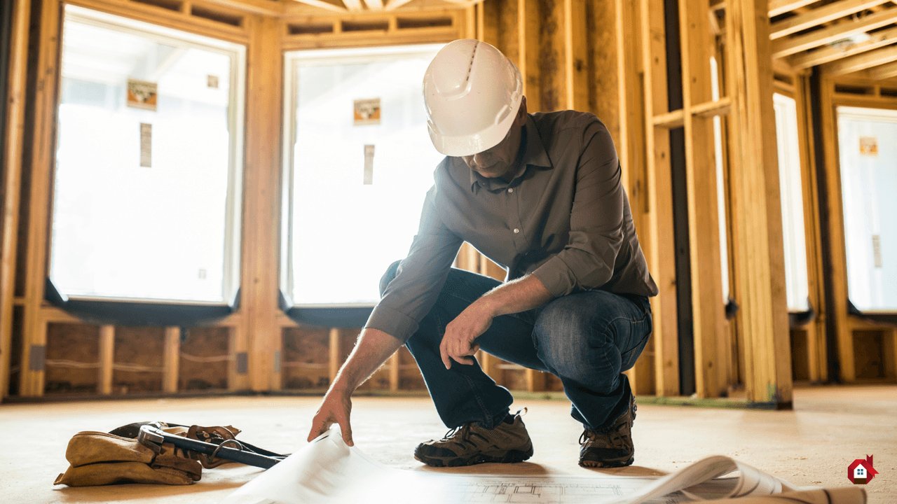 Entrepreneur en construction accroupi portant un casque blanc, analysant des plans au sol dans une maison en cours de charpente
