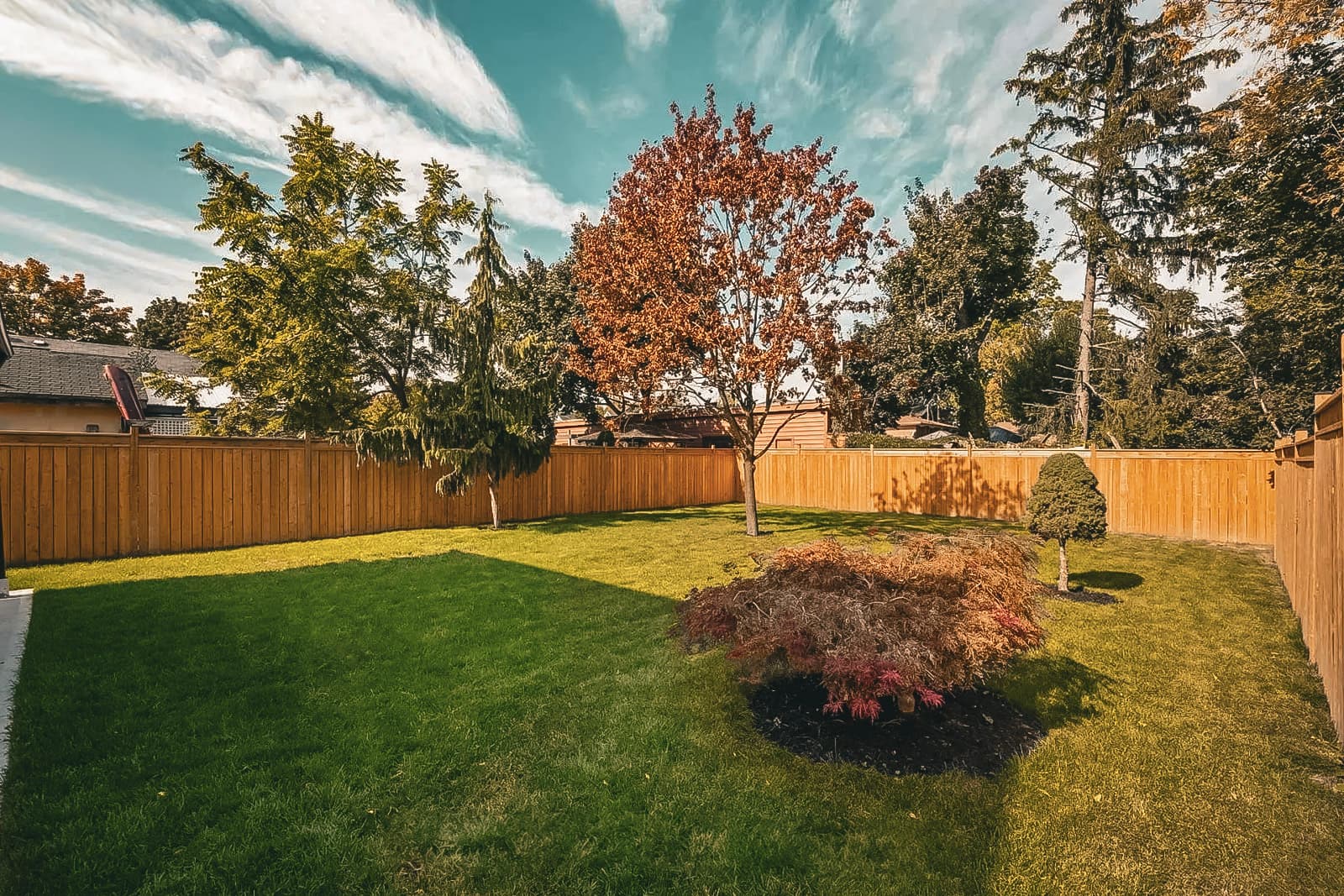 Jardin paysager avec pelouse verte, arbres variés et clôture en bois sous un ciel partiellement nuageux.