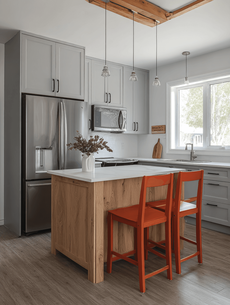 Cuisine moderne lumineuse avec îlot en bois, armoires grises, comptoir blanc, électroménagers en inox, chaises rouges, poutres apparentes et luminaires suspendus