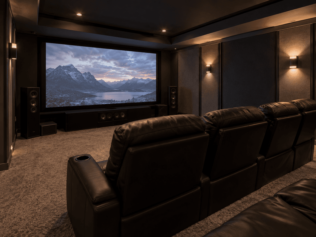 Cinéma maison moderne avec grand écran de projection, système audio ambiophonique, fauteuils inclinables en cuir noir, panneaux acoustiques et éclairage mural tamisé