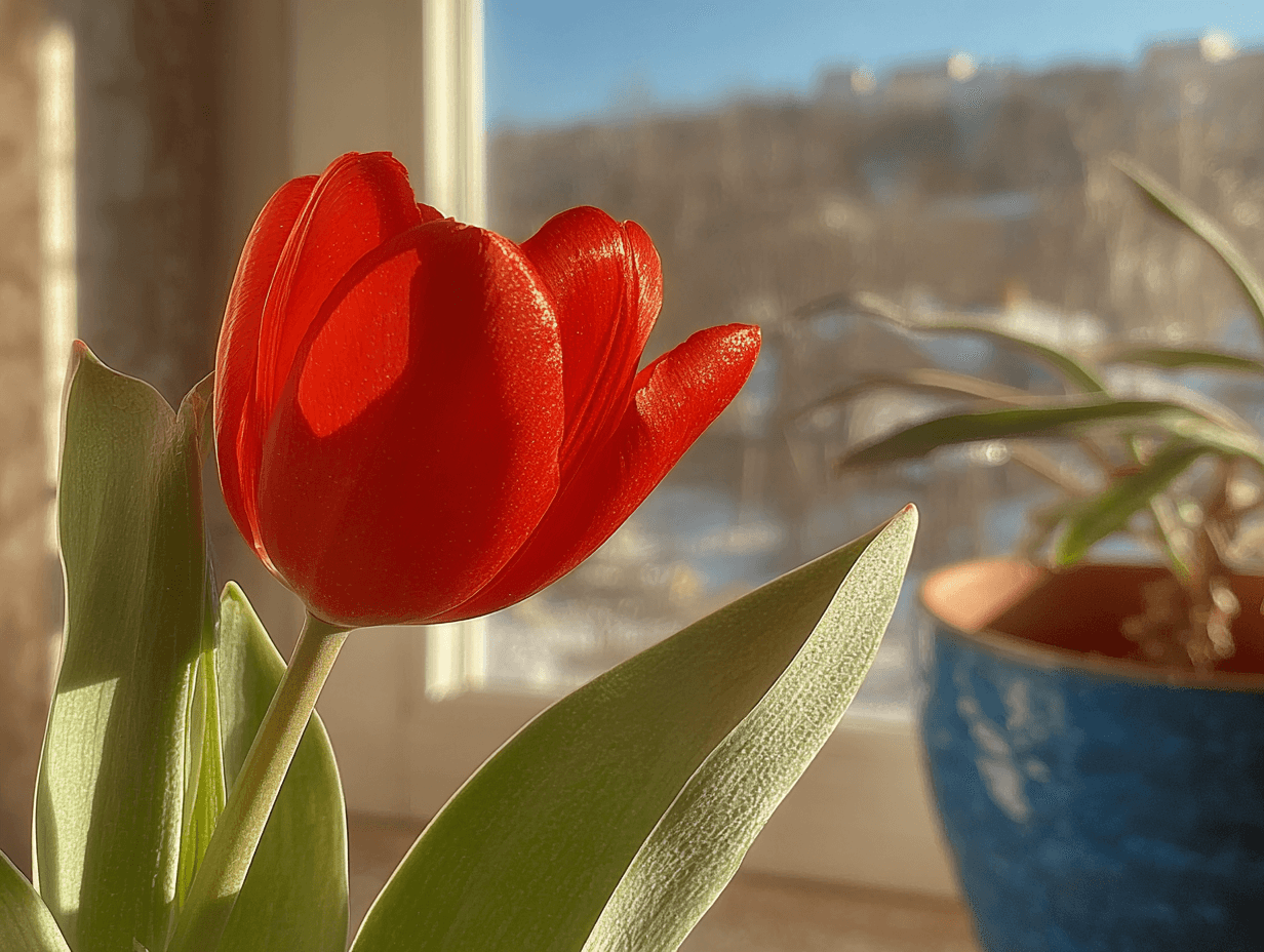 Tulipe rouge en gros plan éclairée par le soleil devant une fenêtre, avec un pot de plante en arrière-plan flou