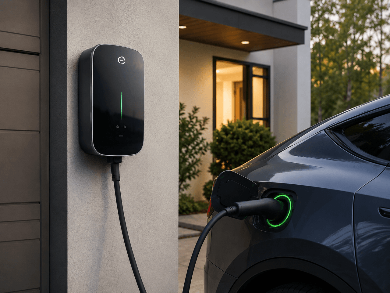 Borne de recharge pour véhicule électrique installée sur le mur extérieur d'une maison moderne avec voiture électrique en cours de recharge dans l'entrée résidentielle