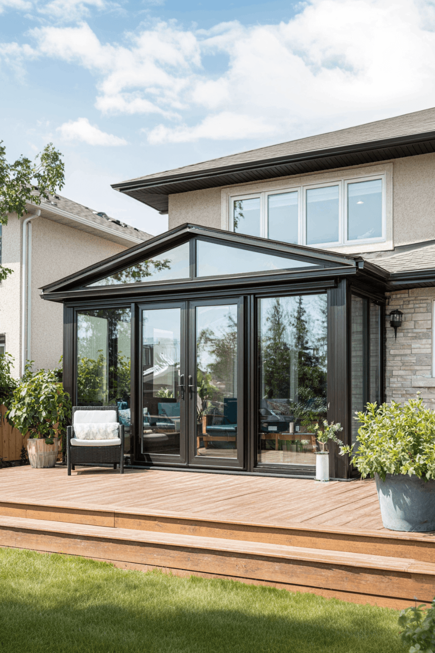 Solarium moderne avec grandes portes vitrées donnant sur une terrasse en bois aménagée avec plantes et mobilier extérieur.