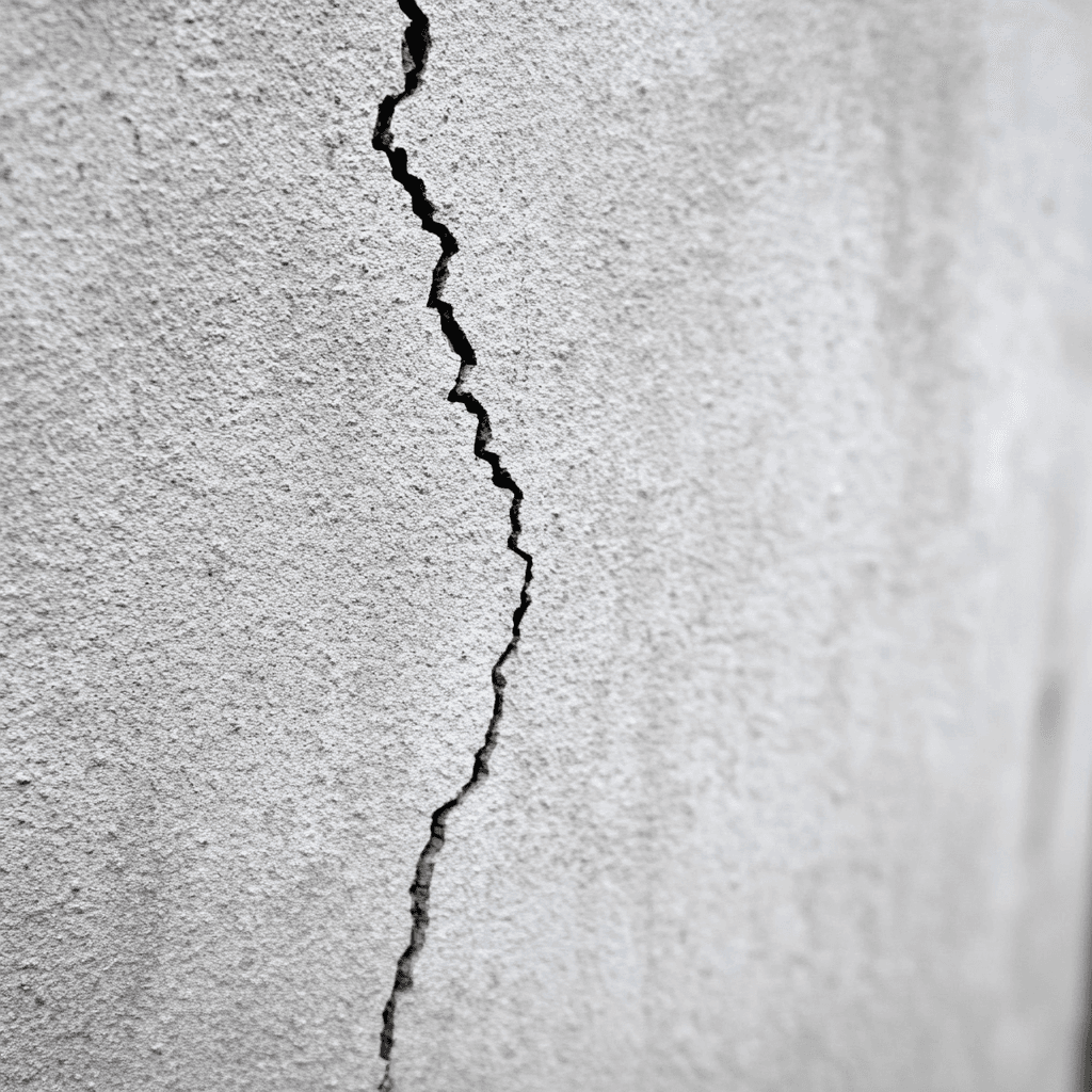 Fissure verticale sur un mur extérieur en béton gris avec texture rugueuse