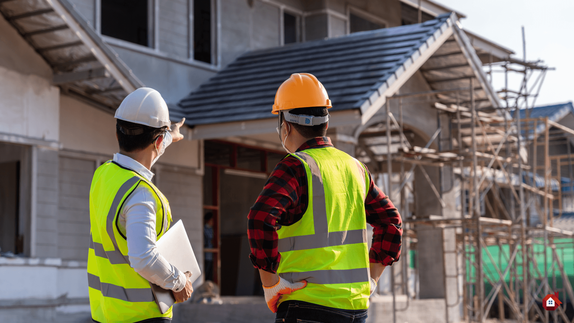 Deux personnes sur un chantier regardant une maison&nbsp;