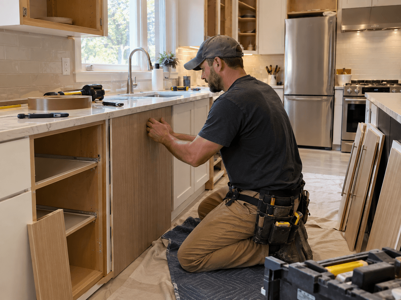 Installateur ajustant une porte d’armoire de cuisine pendant des travaux de rénovation, avec outils, comptoir en quartz et électroménagers en acier inoxydable