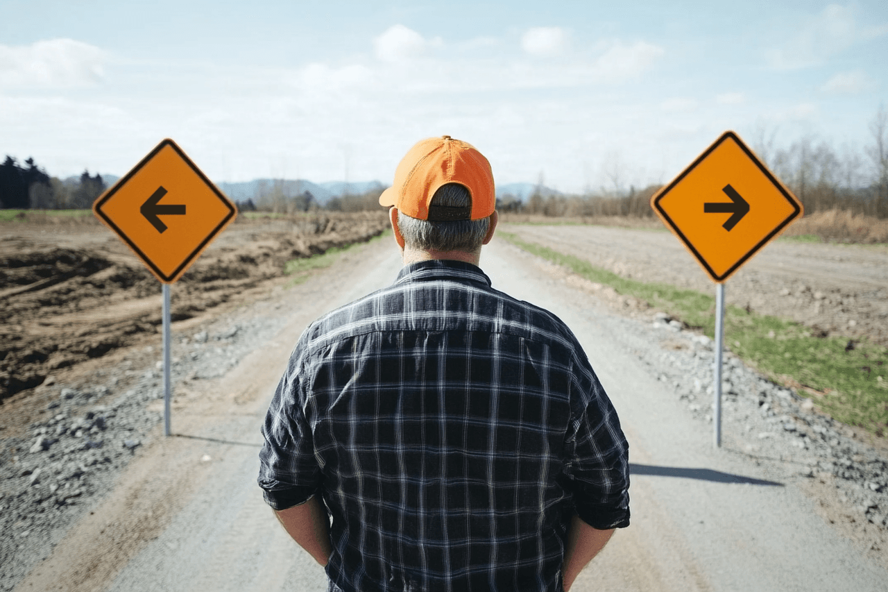 Homme de dos portant une casquette orange face à une intersection en Y avec panneaux de direction à gauche et à droite sur une route de campagne.