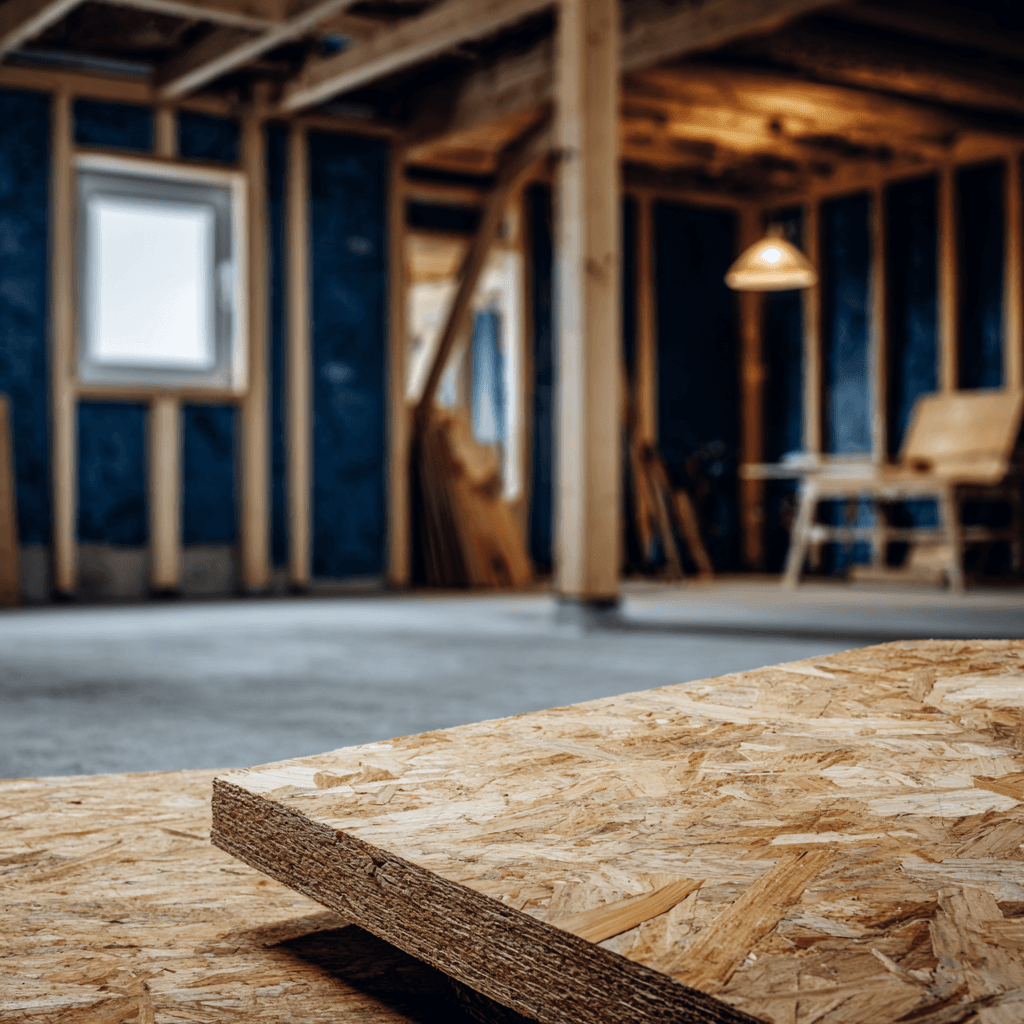 Panneau de bois OSB au premier plan dans un sous-sol en construction avec murs ouverts, charpente apparente et matériaux de rénovation.
