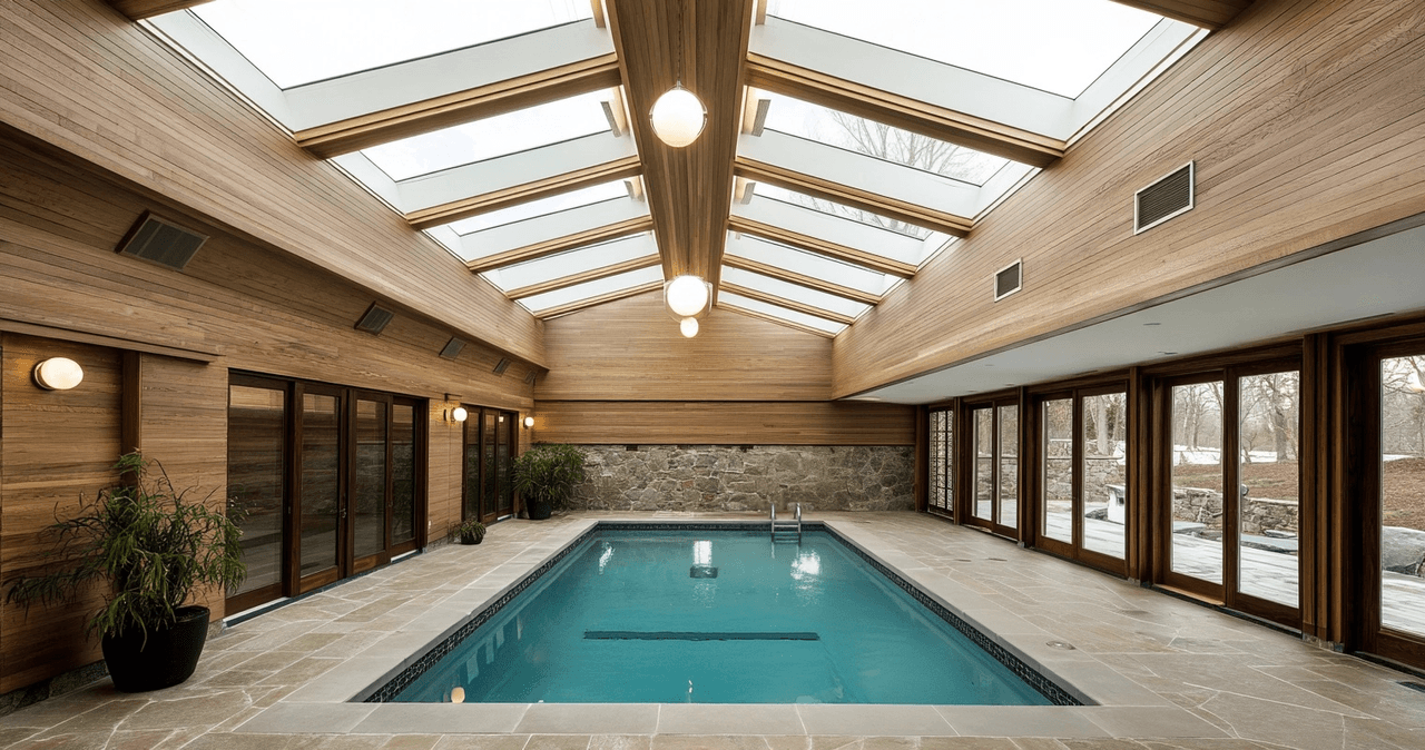 Piscine intérieure moderne avec plafond en verre, murs en bois et pierre naturelle, entourée de grandes fenêtres vitrées