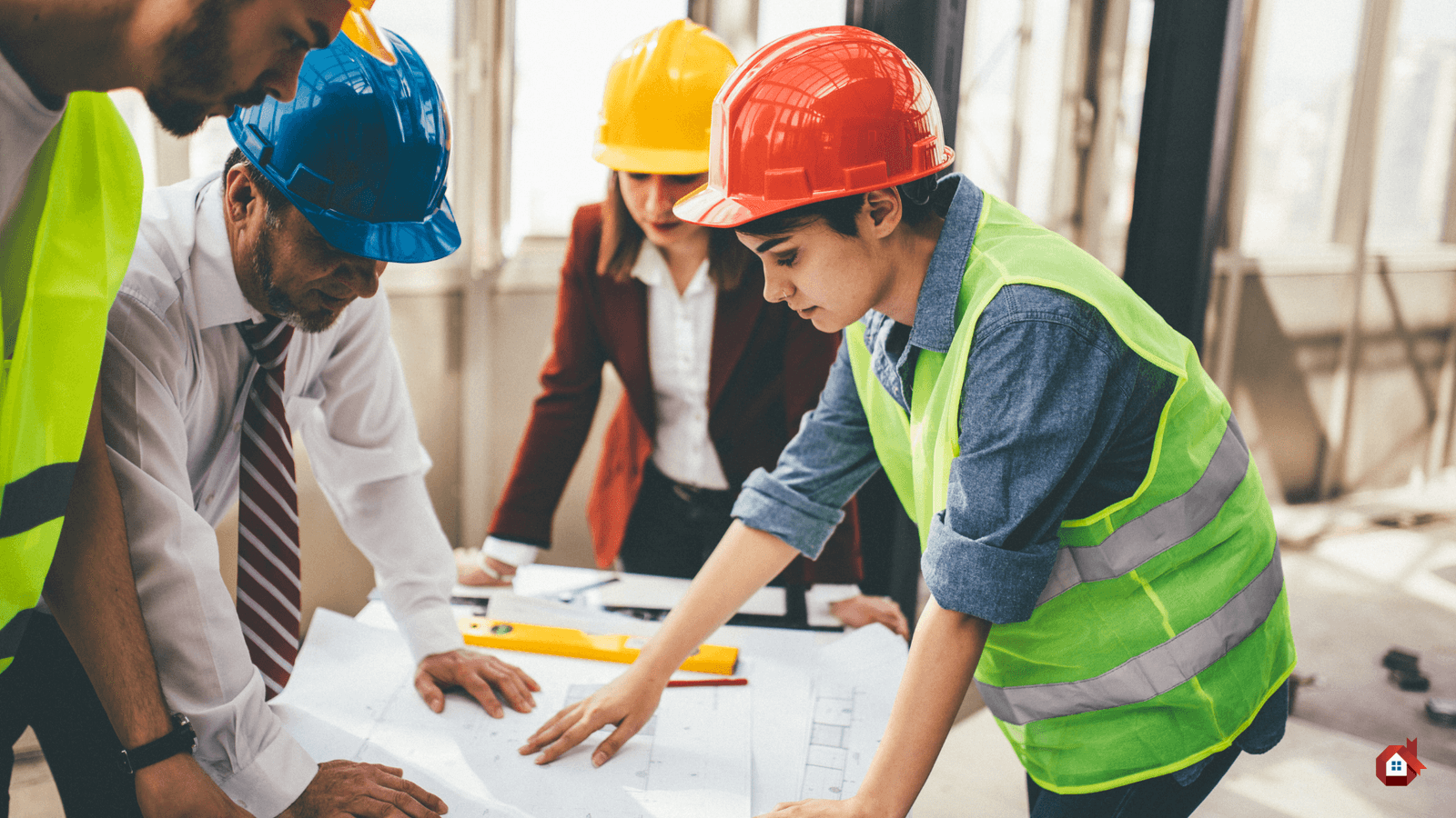 plusieurs entrepreneurs lisant des plans d’architecte