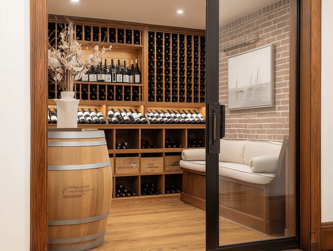 Élégante cave à vin intérieure avec étagères en bois, tonneau décoratif et coin salon vitré