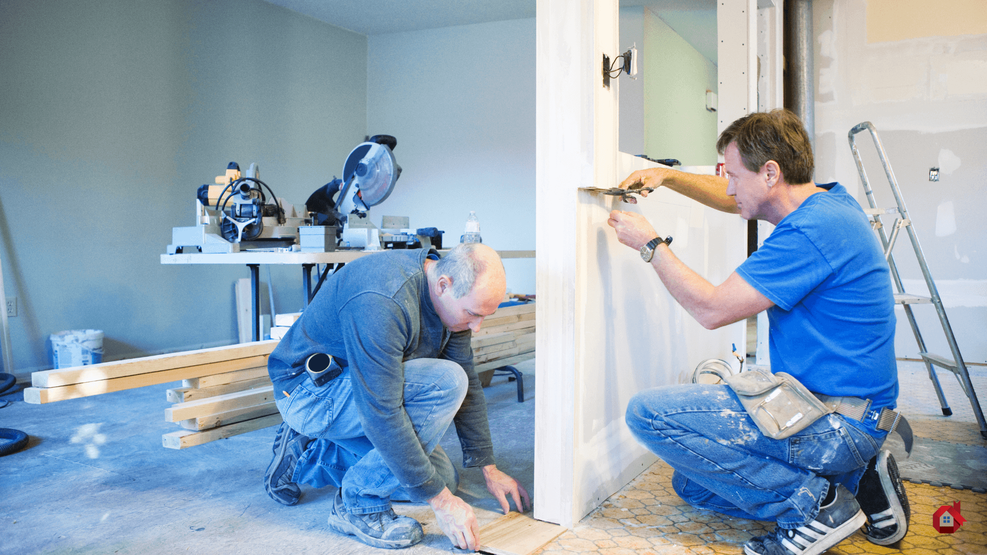 Deux entrepreneur en pleine répararation d'un mur&nbsp;