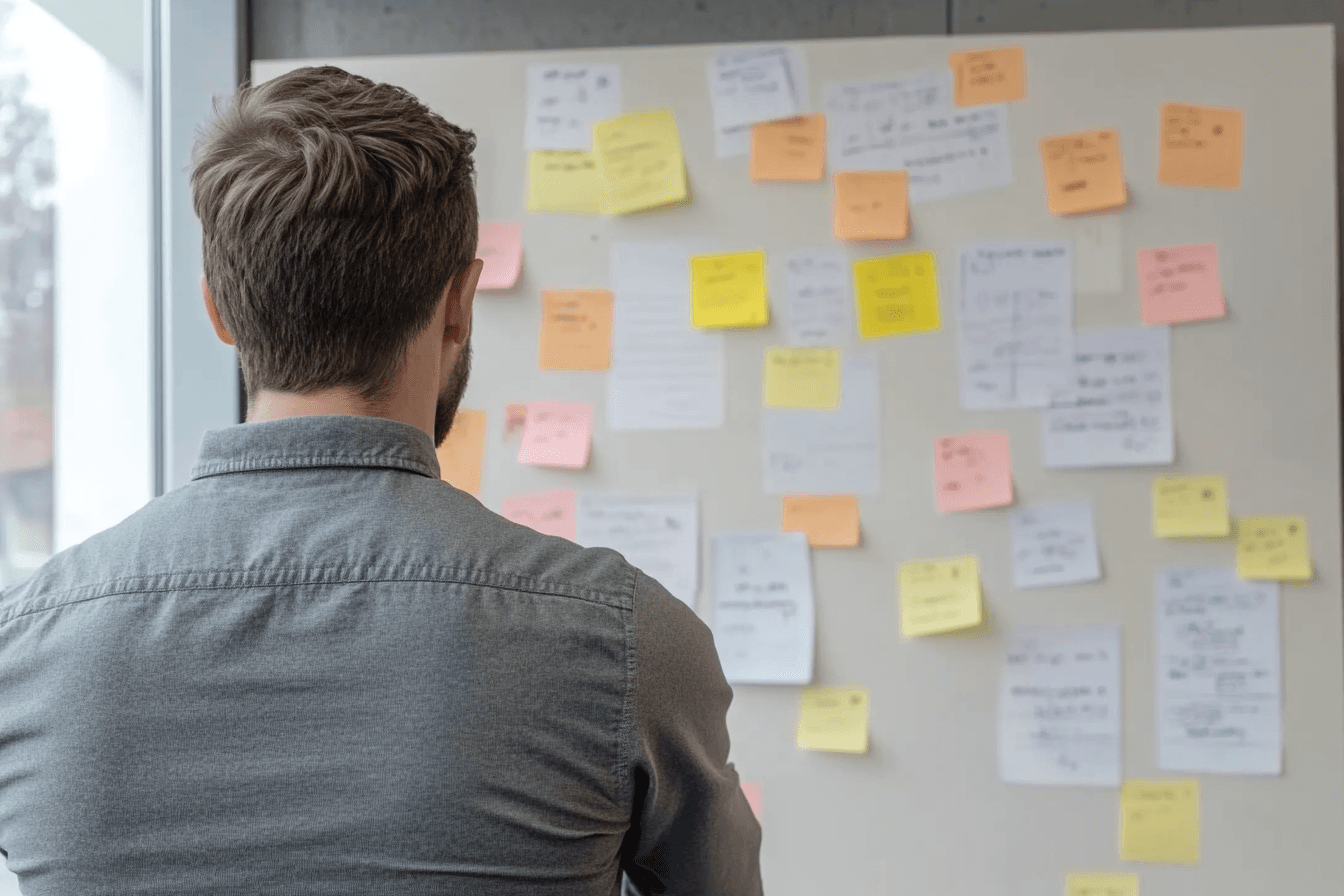 Homme de dos observant un tableau rempli de notes autocollantes colorées et de feuilles de travail dans un environnement de bureau.