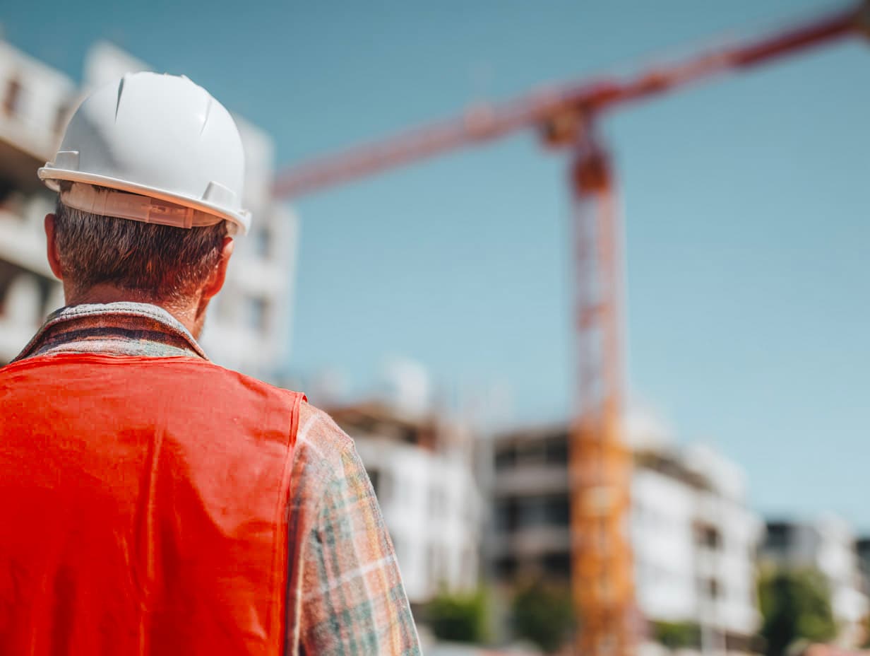 Travailleur de construction portant un casque de sécurité et un gilet haute visibilité devant un chantier avec une grue et un immeuble en construction