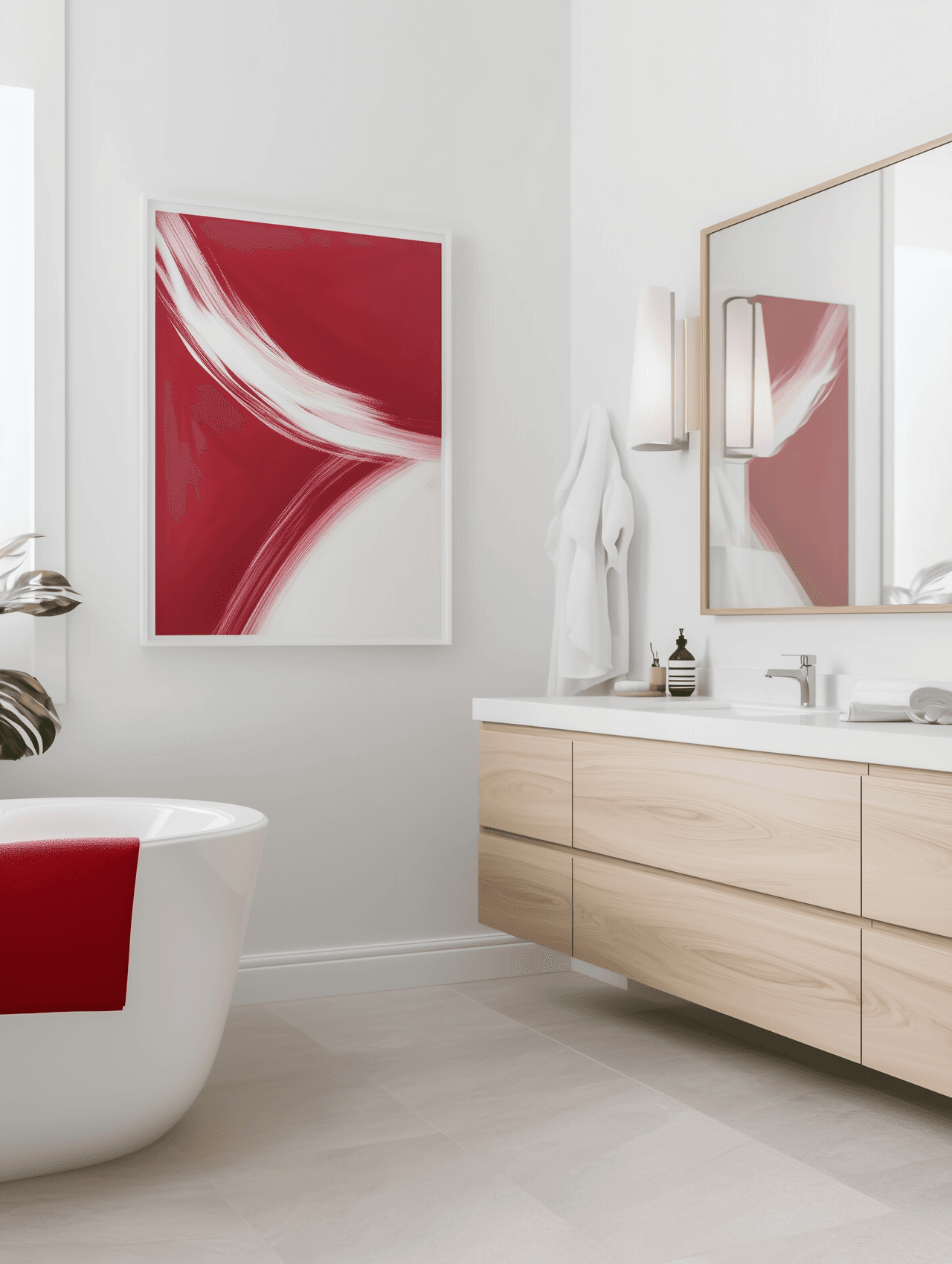 Salle de bain contemporaine avec baignoire blanche, meuble en bois clair et tableau abstrait rouge mural