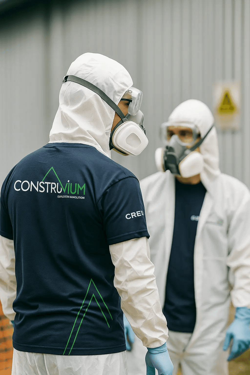 Techniciens en combinaison de protection avec masques respiratoires lors d’une intervention de décontamination sur un site industriel
