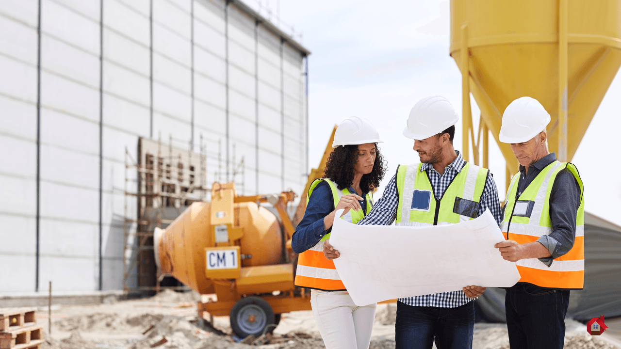 Trois professionnels de la construction portant des casques blancs et des gilets de sécurité haute visibilité analysant ensemble un grand plan papier sur un chantier