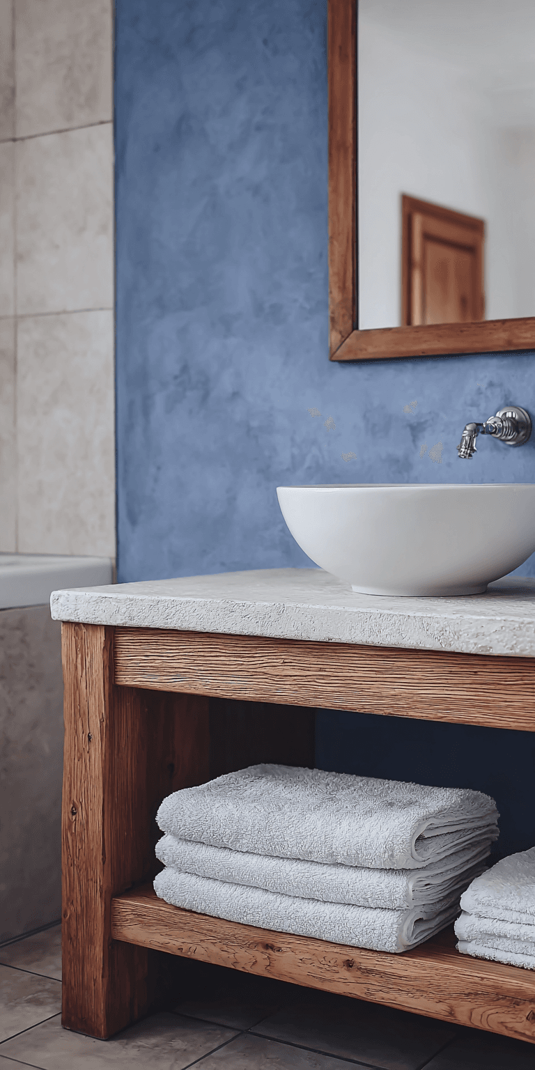 Meuble lavabo en bois avec vasque blanche moderne, mur bleu texturé et serviettes pliées dans une salle de bain contemporaine
